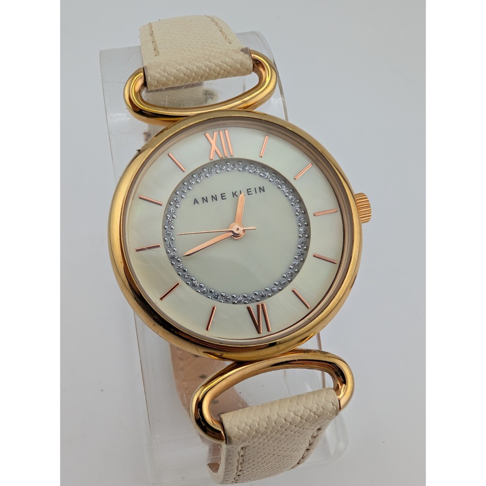 Anne Klein Women's Watch MOP Dial 32mm Case White Leather Band- New Battery
